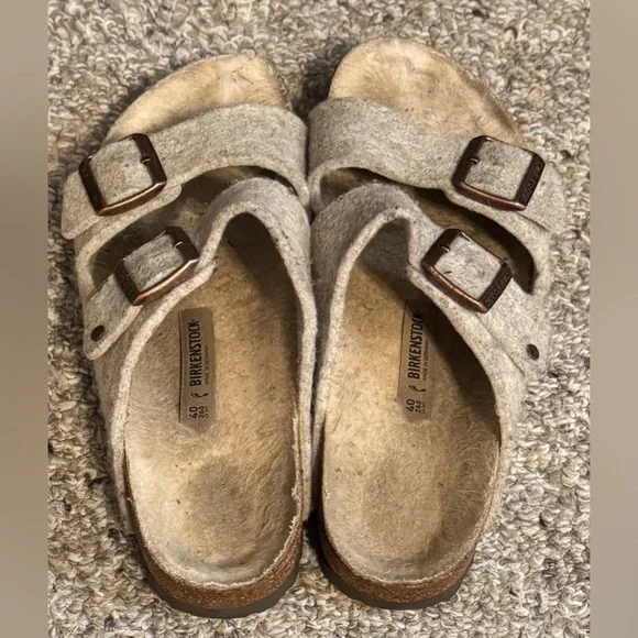 Birkenstock Wool Felt Beige Arizona Comfort Slides - Picture 1 of 4